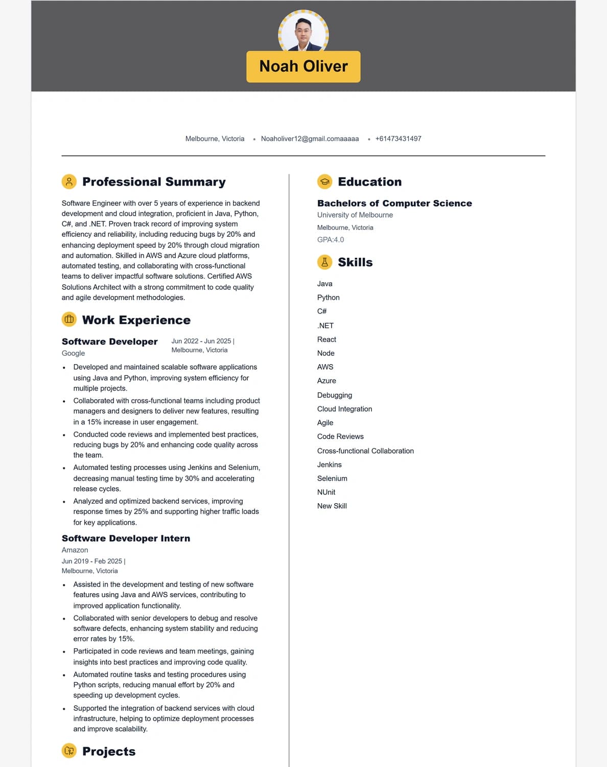 Noah Oliver resume preview using the Amber template