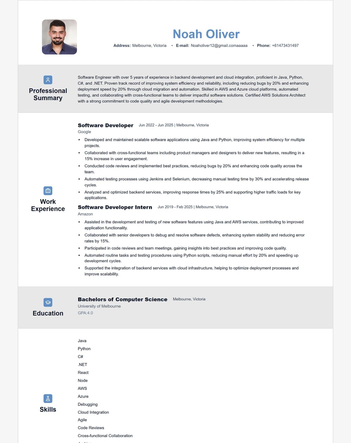 Noah Oliver resume preview using the Cobalt template