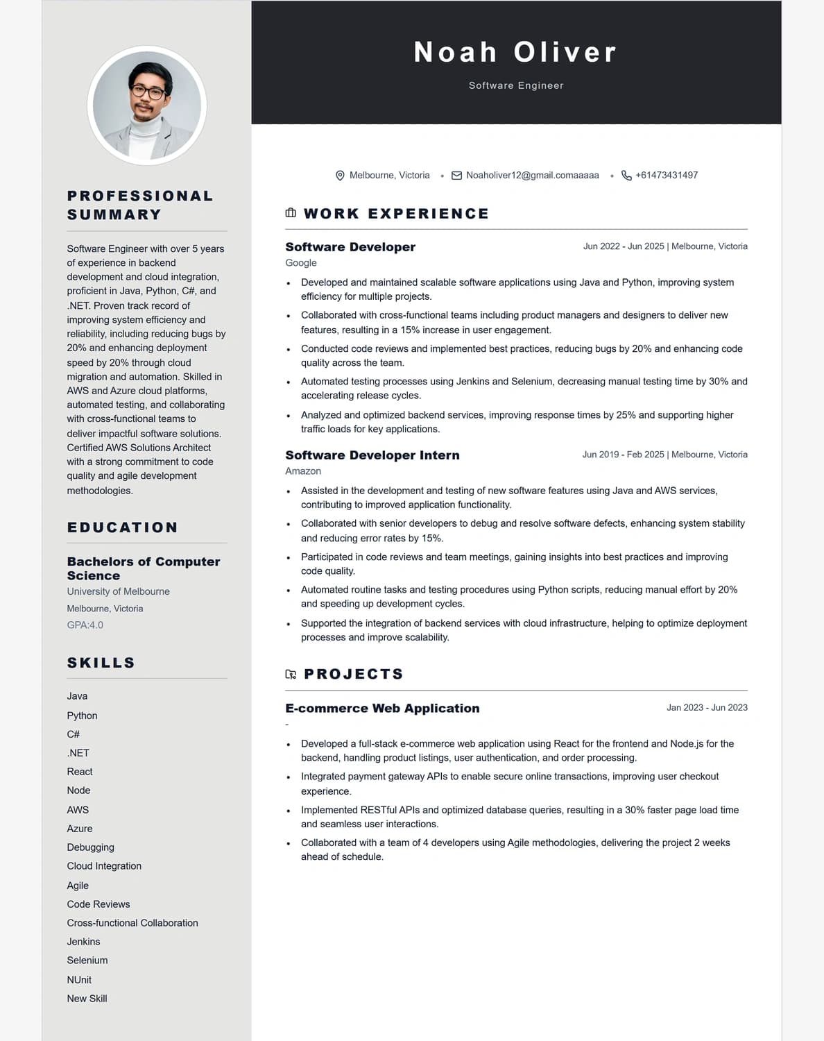 Noah Oliver resume preview using the Graphite template