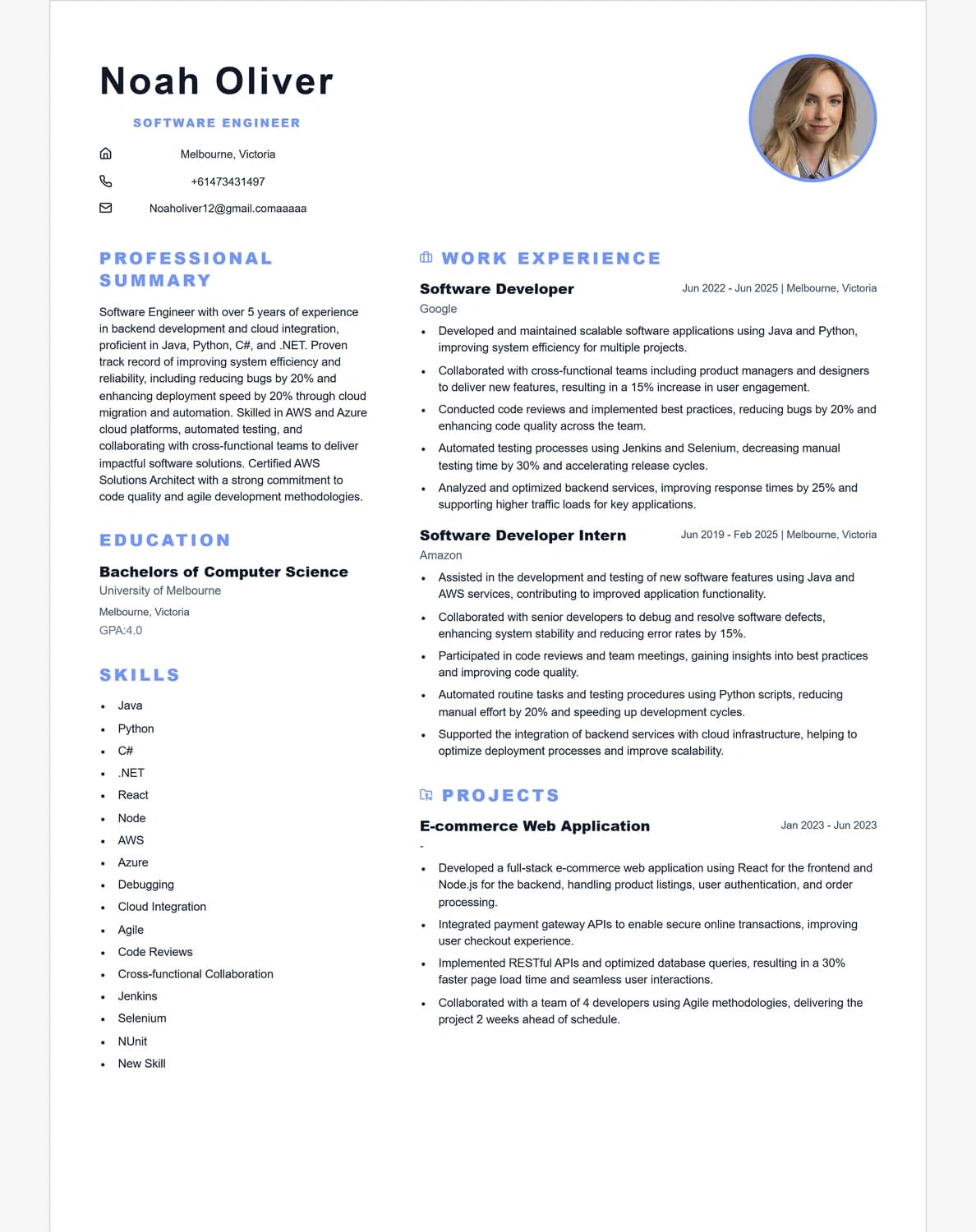 Noah Oliver resume preview using the Skyline template