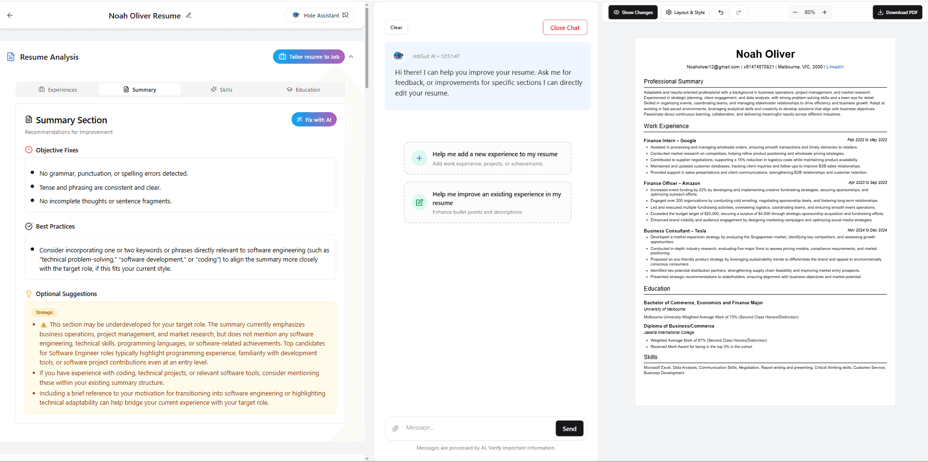 JobSuit AI Resume Builder Interface